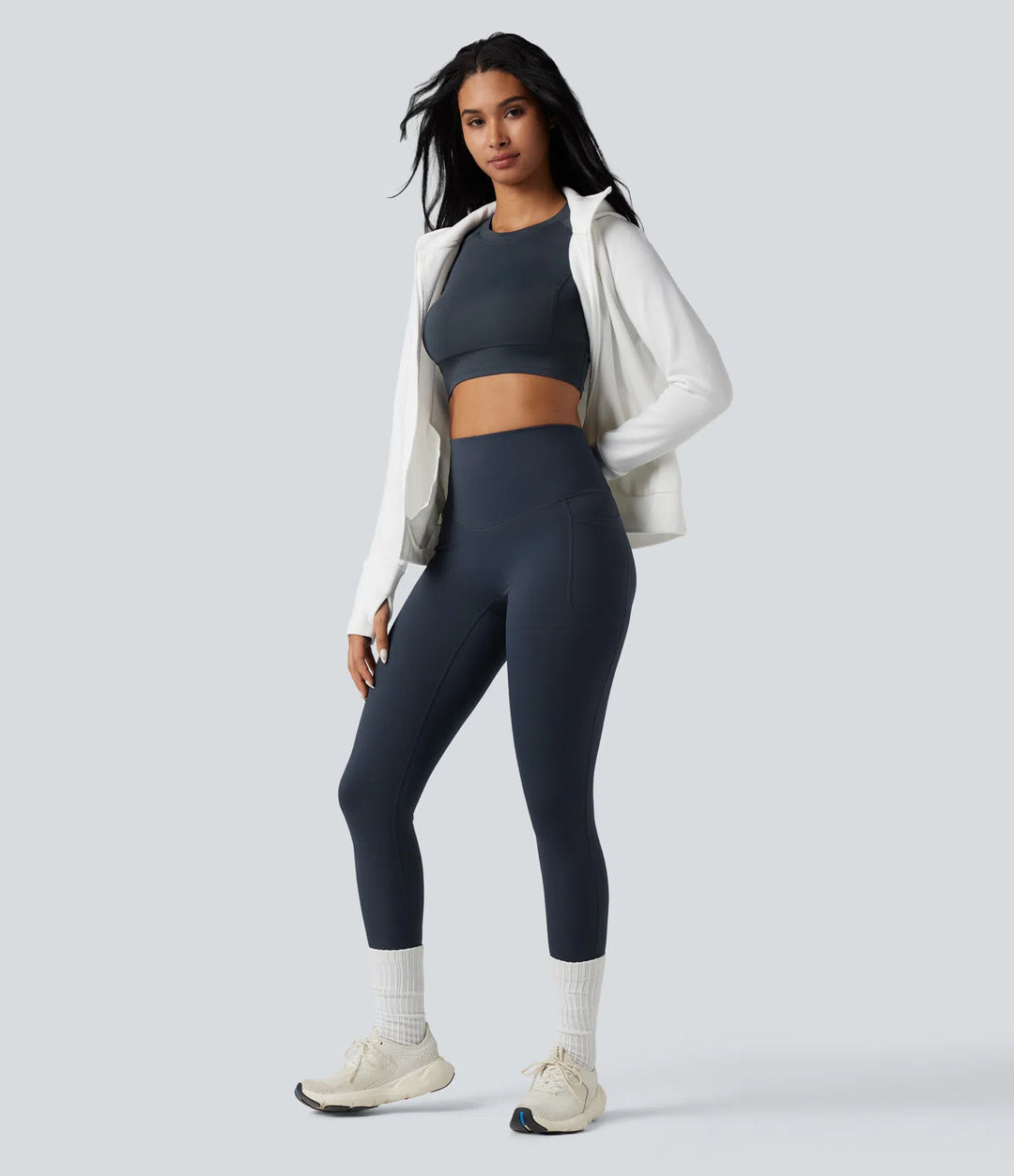 Halara Ultrasculpt Heat High Waisted Tummy Control Crossover Back Fleece Running Leggings with Pockets