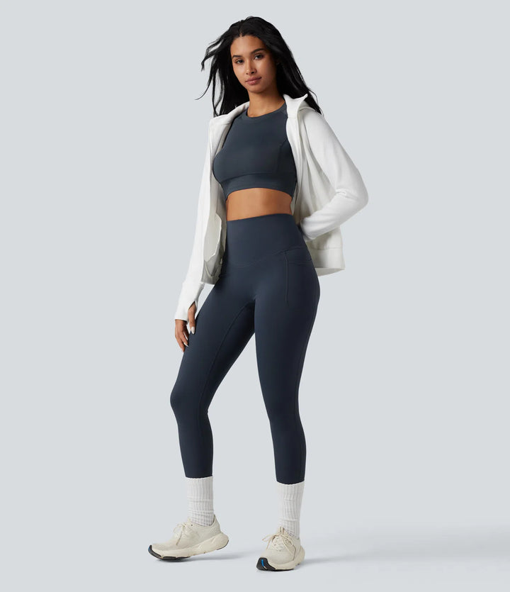 Halara Ultrasculpt Heat High Waisted Tummy Control Crossover Back Fleece Running Leggings with Pockets