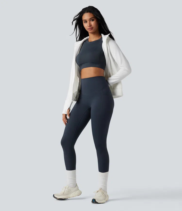 Halara Ultrasculpt Heat High Waisted Tummy Control Crossover Back Fleece Running Leggings with Pockets