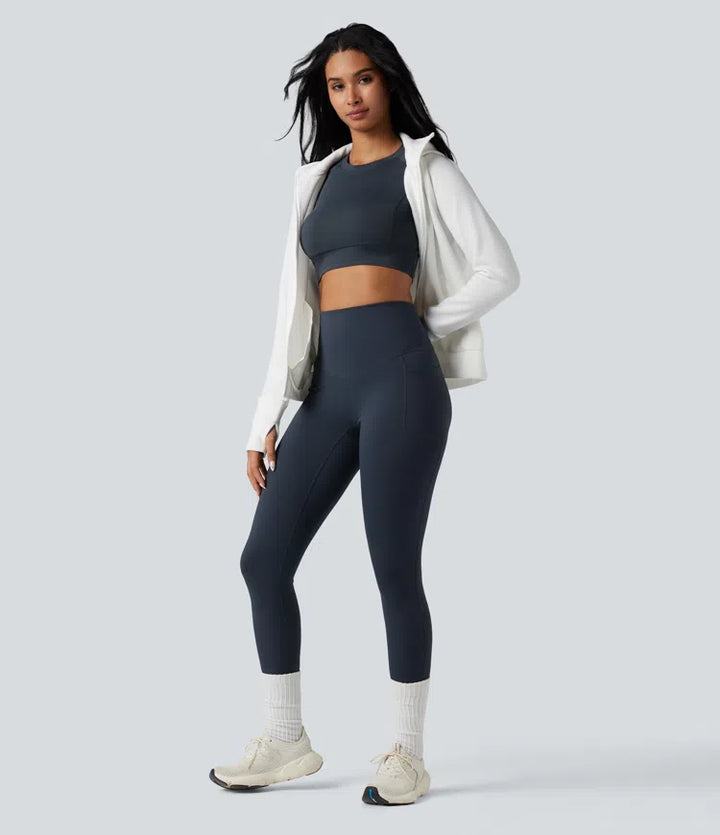 Halara Ultrasculpt Heat High Waisted Tummy Control Crossover Back Fleece Running Leggings with Pockets
