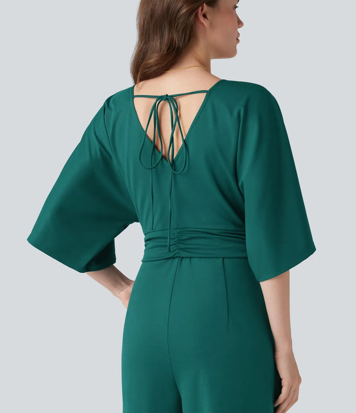 V-neck Half Sleeve Tie-back Work Baggy Jumpsuit with Pockets-Easy Peezy