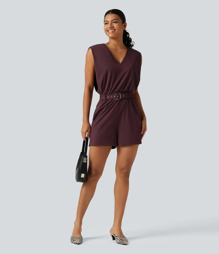 SoftlyZero Airy V Neck Sleeveless Belted InstantCool Casual Romper with Pockets-Easy Peezy Edition
