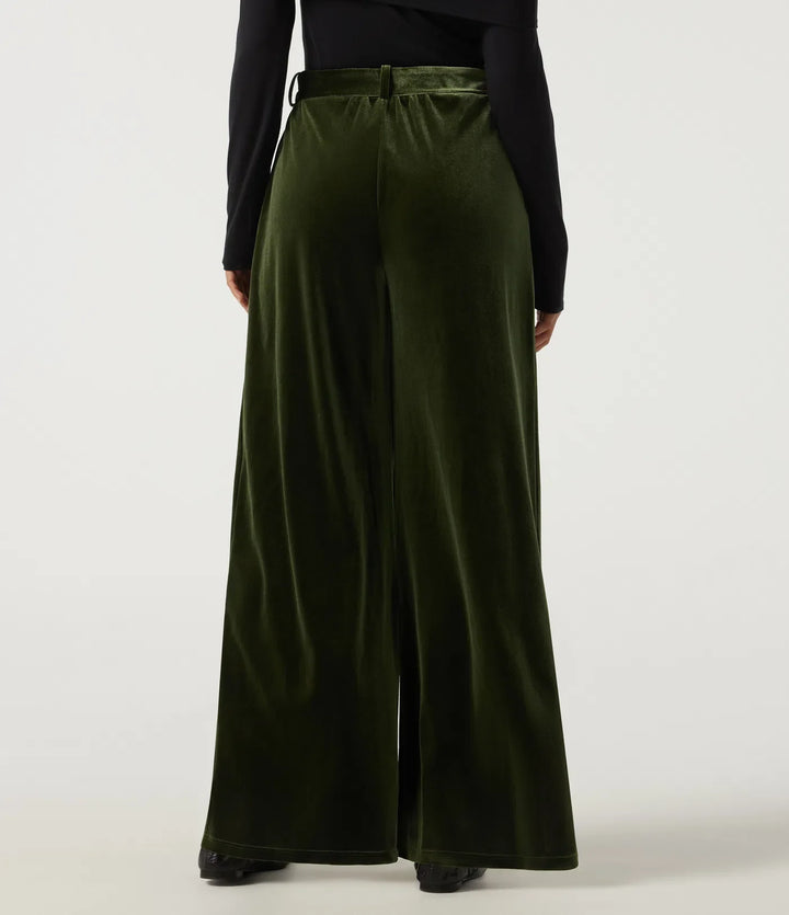 High Waisted Belted Wide Leg Velvet Casual Trousers with Pockets