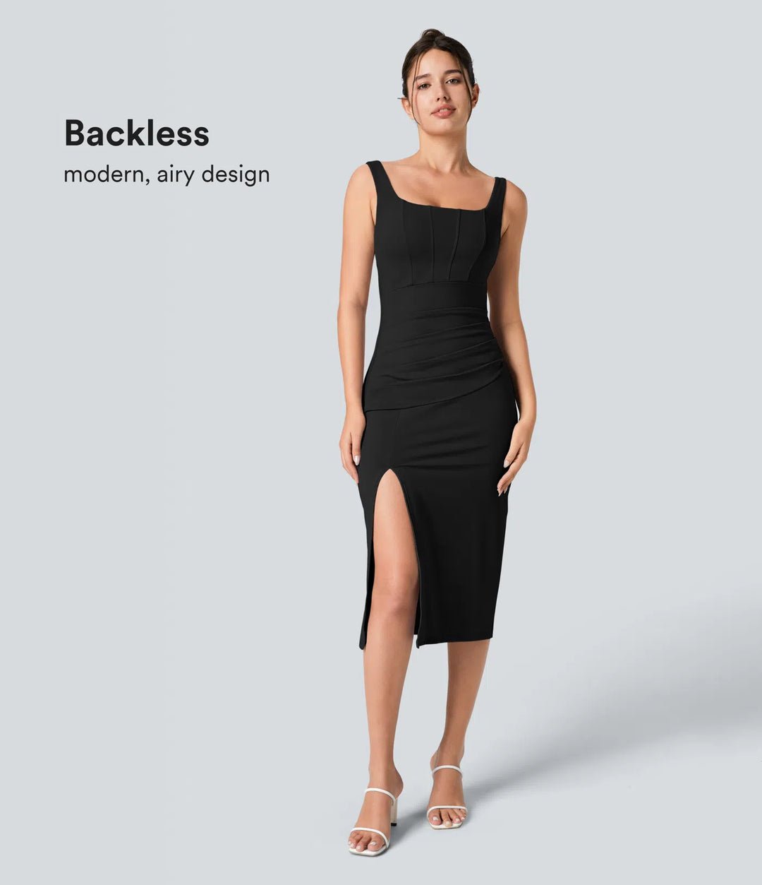 SoftlyZero Airy Square Neck Backless Corset Ruched Split Bodycon Midi InstantCool Bridesmaid and Wedding Guest Dress