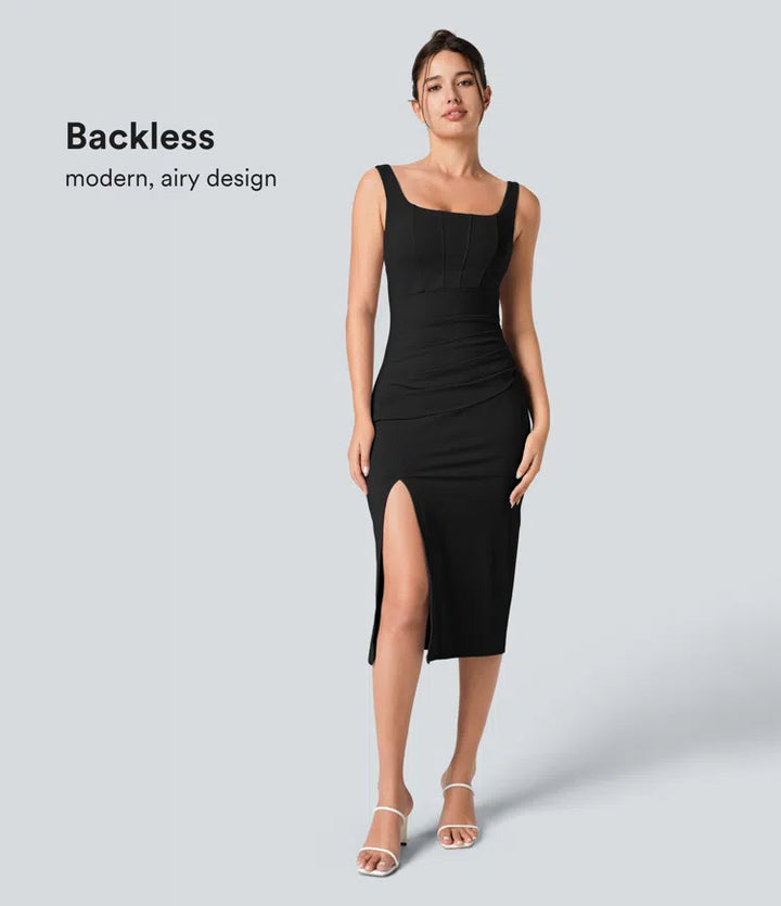 SoftlyZero Airy Square Neck Backless Corset Ruched Split Bodycon Midi InstantCool Bridesmaid and Wedding Guest Dress