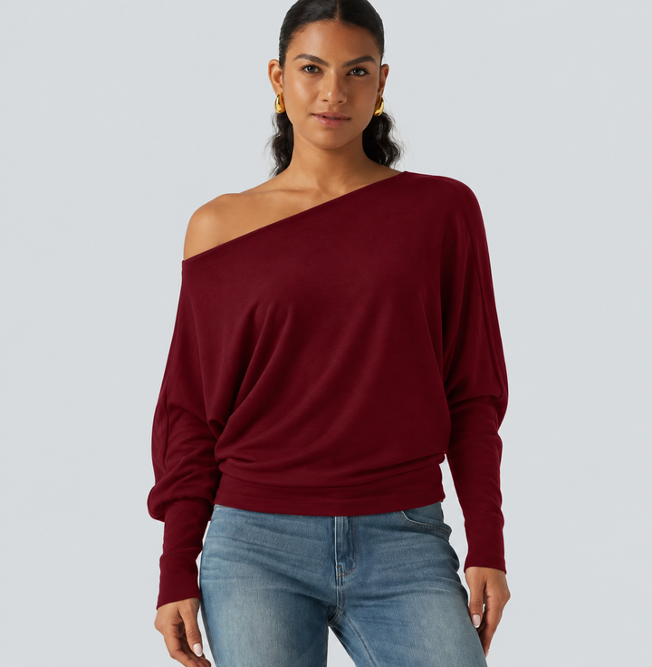 Boat Neck Batwing Long Sleeve Thumb Hole Casual Top