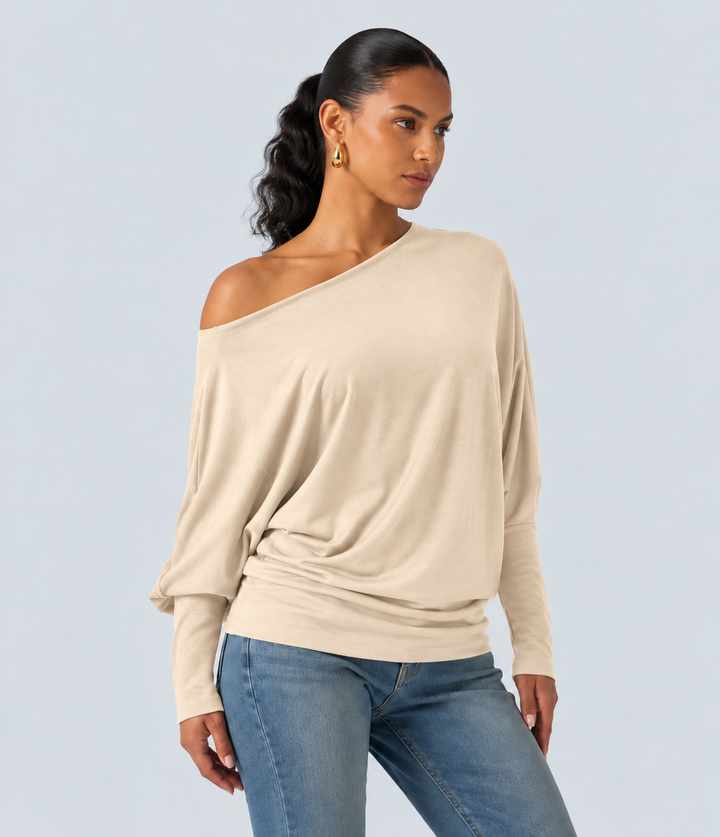 Boat Neck Batwing Long Sleeve Thumb Hole Casual Top