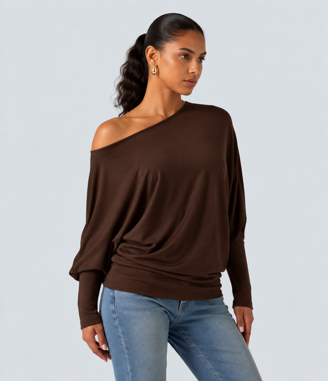 Boat Neck Batwing Long Sleeve Thumb Hole Casual Top