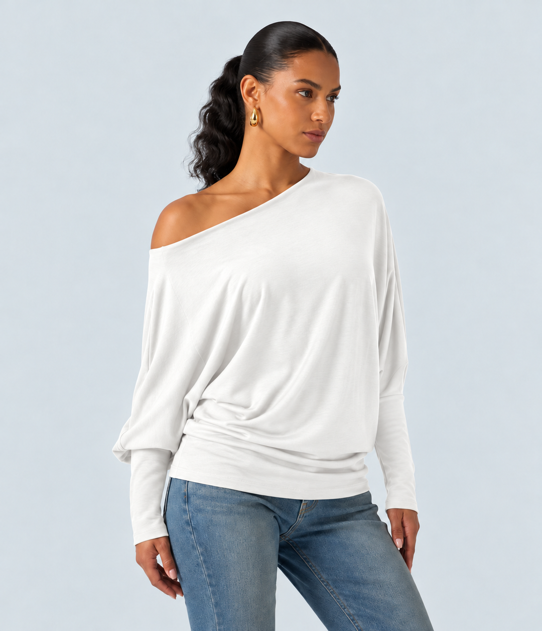 Boat Neck Batwing Long Sleeve Thumb Hole Casual Top