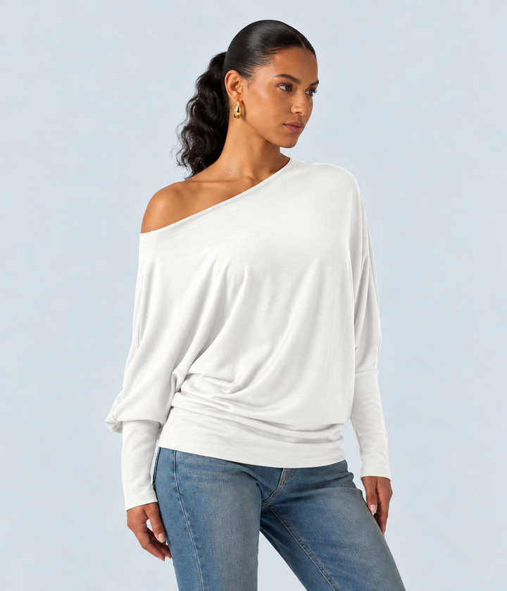 Boat Neck Batwing Long Sleeve Thumb Hole Casual Top