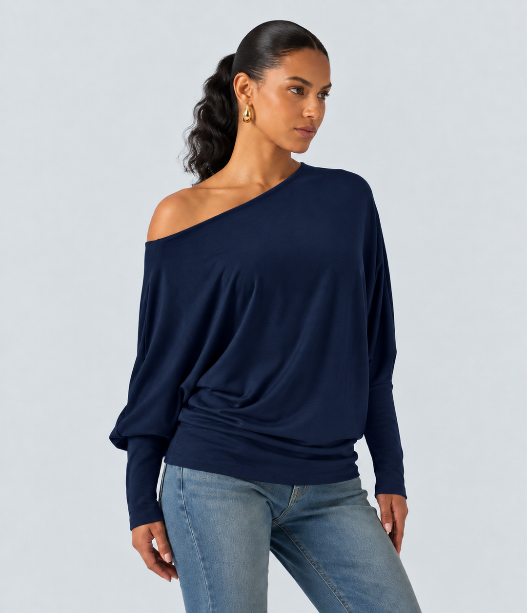Boat Neck Batwing Long Sleeve Thumb Hole Casual Top