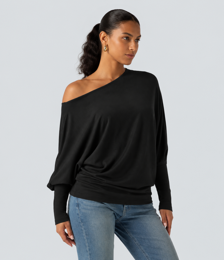 Boat Neck Batwing Long Sleeve Thumb Hole Casual Top