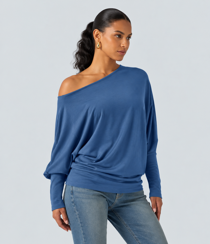 Boat Neck Batwing Long Sleeve Thumb Hole Casual Top