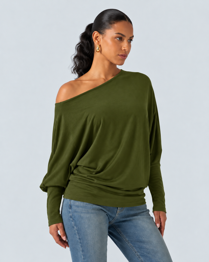 Boat Neck Batwing Long Sleeve Thumb Hole Casual Top