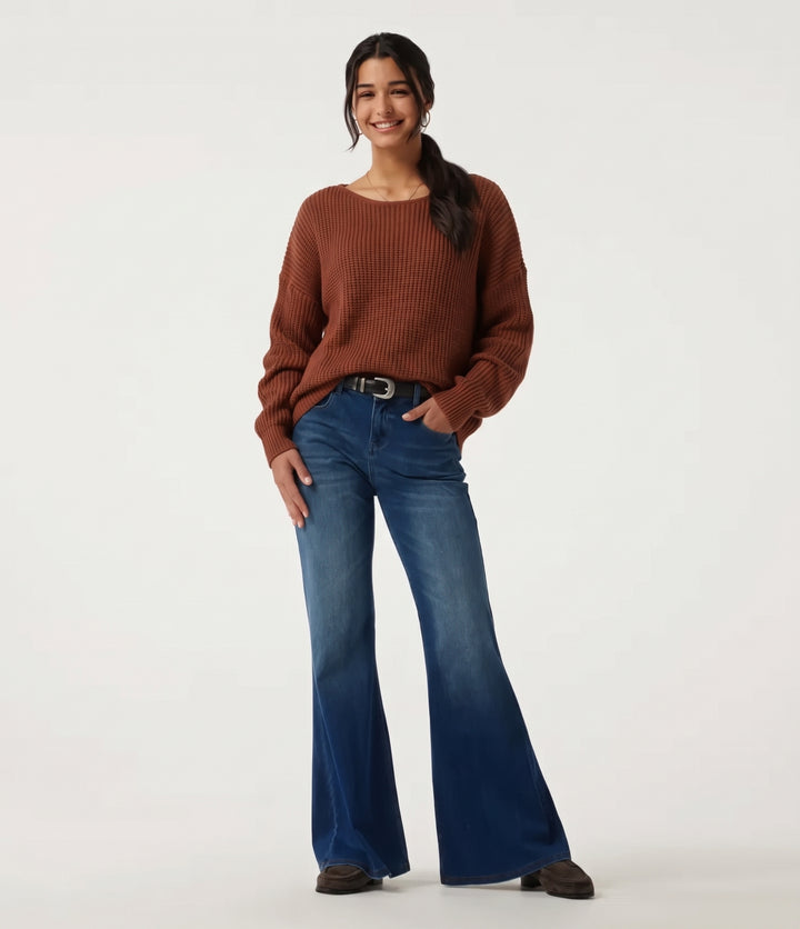 Boat Neck Long Sleeve Cut Out Back Casual Jumper