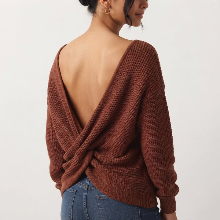 Boat Neck Long Sleeve Cut Out Back Casual Jumper
