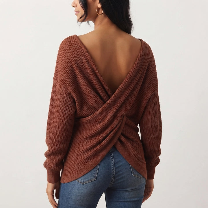 Boat Neck Long Sleeve Cut Out Back Casual Jumper