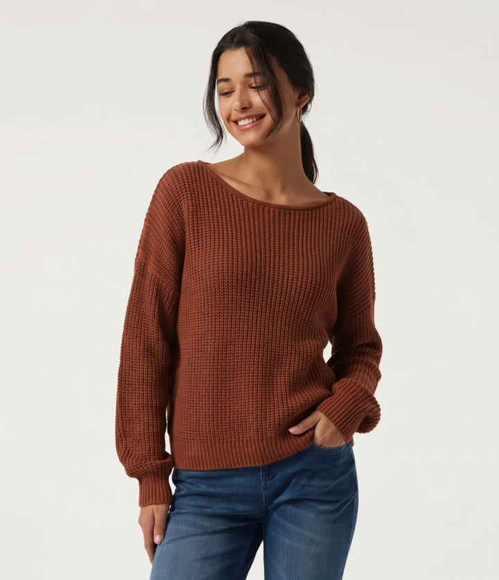 Boat Neck Long Sleeve Cut Out Back Casual Jumper