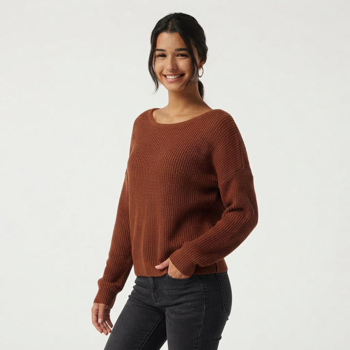 Boat Neck Long Sleeve Cut Out Back Casual Jumper