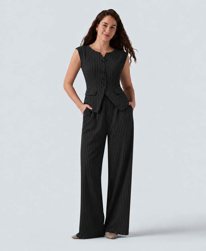 Boat Neck Sleeveless Tie Side Cool Touch Stripe Work Jumpsuit with Pockets-Easy Peezy Edition