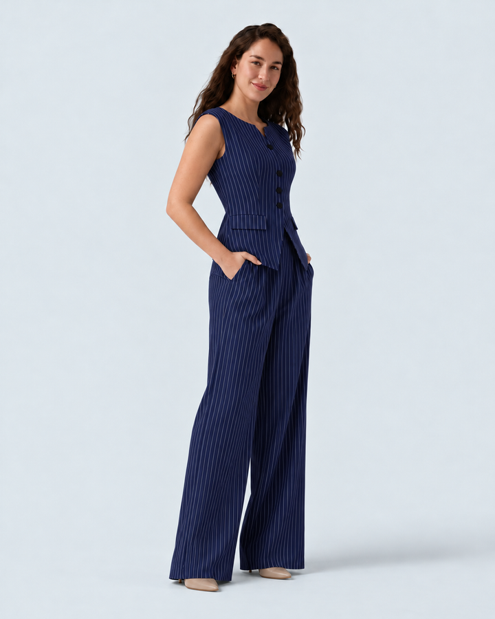 Boat Neck Sleeveless Tie Side Cool Touch Stripe Work Jumpsuit with Pockets-Easy Peezy Edition
