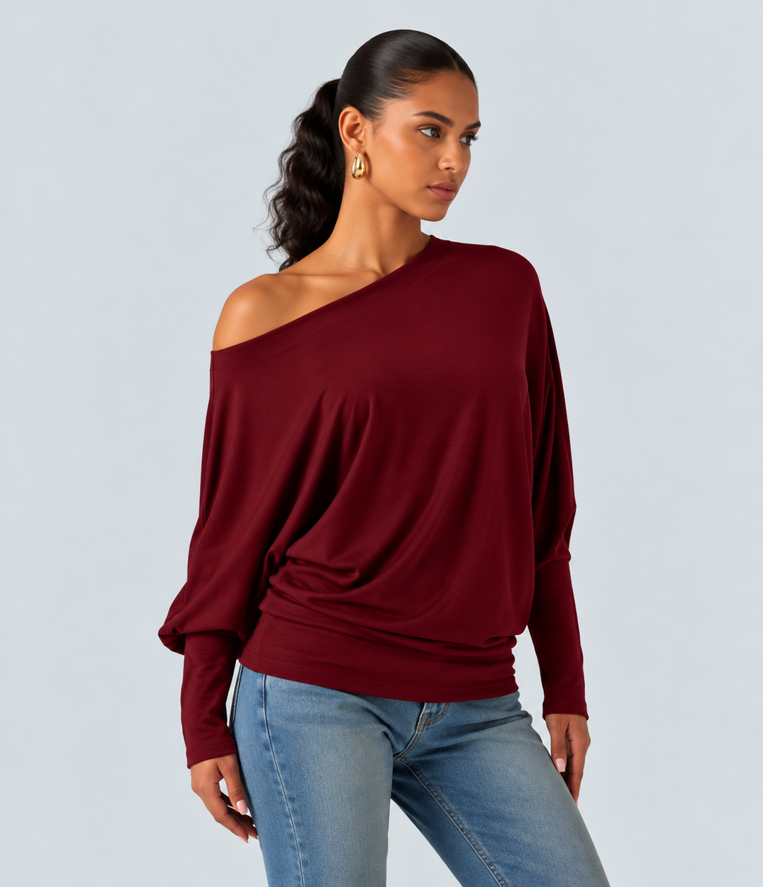 Boat Neck Batwing Long Sleeve Thumb Hole Casual Top