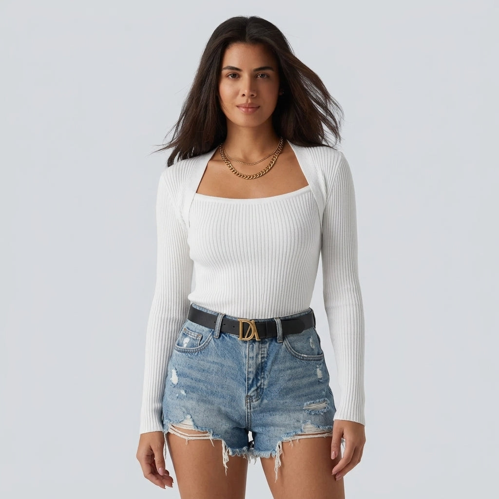 Ribbed Knit Square Neck Long Sleeve Casual Top