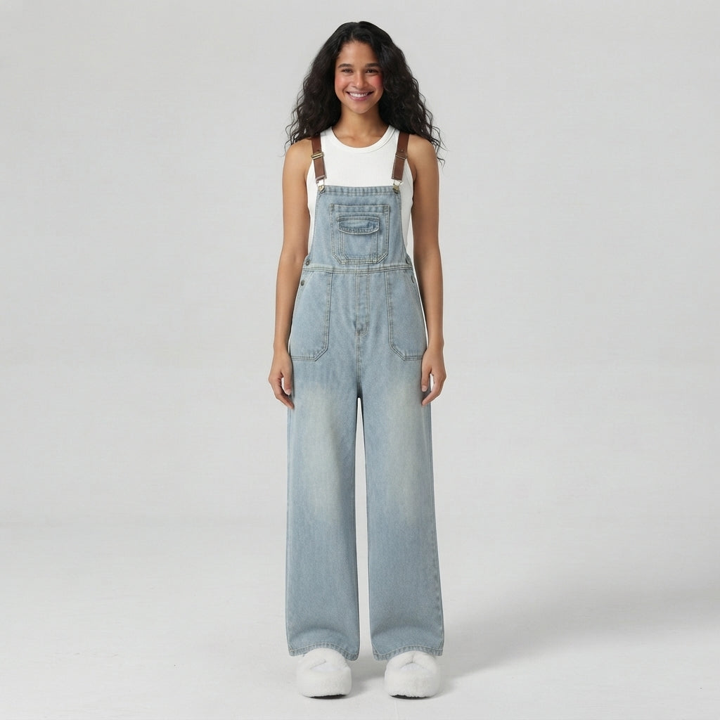 Halara Flex Square Neck Washed Denim Casual Overalls with Pockets