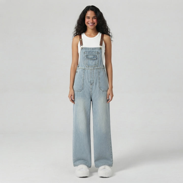 Halara Flex Square Neck Washed Denim Casual Overalls with Pockets