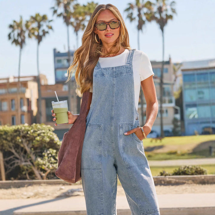Halara Flex Square Neck Washed Denim Casual Overalls with Pockets