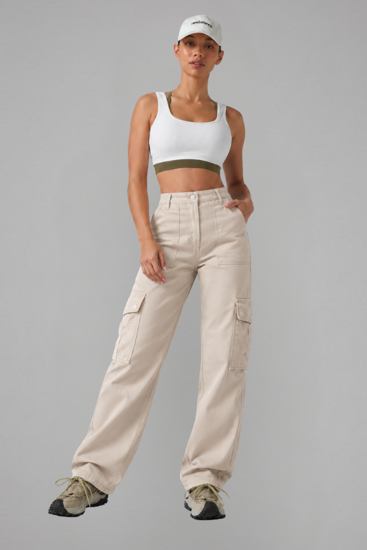 High Waisted Hiking Cargo Straight Leg Trousers with Pockets