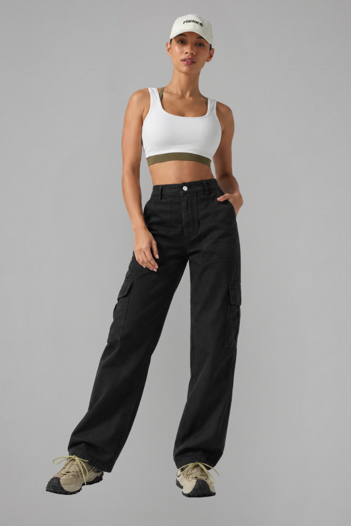 High Waisted Hiking Cargo Straight Leg Trousers with Pockets