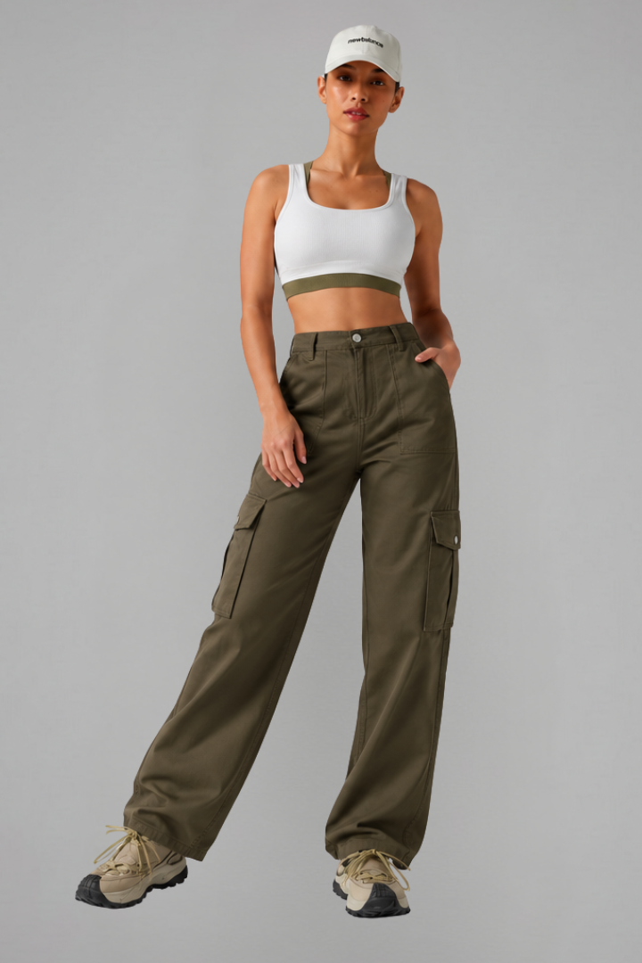 High Waisted Hiking Cargo Straight Leg Trousers with Pockets
