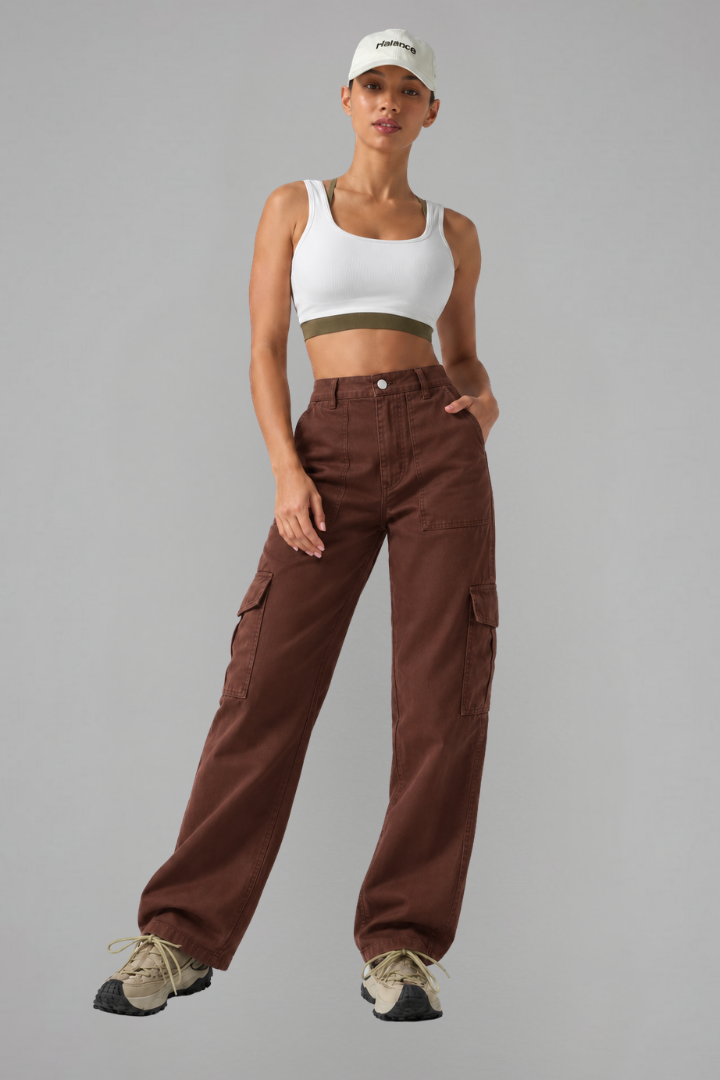 High Waisted Hiking Cargo Straight Leg Trousers with Pockets