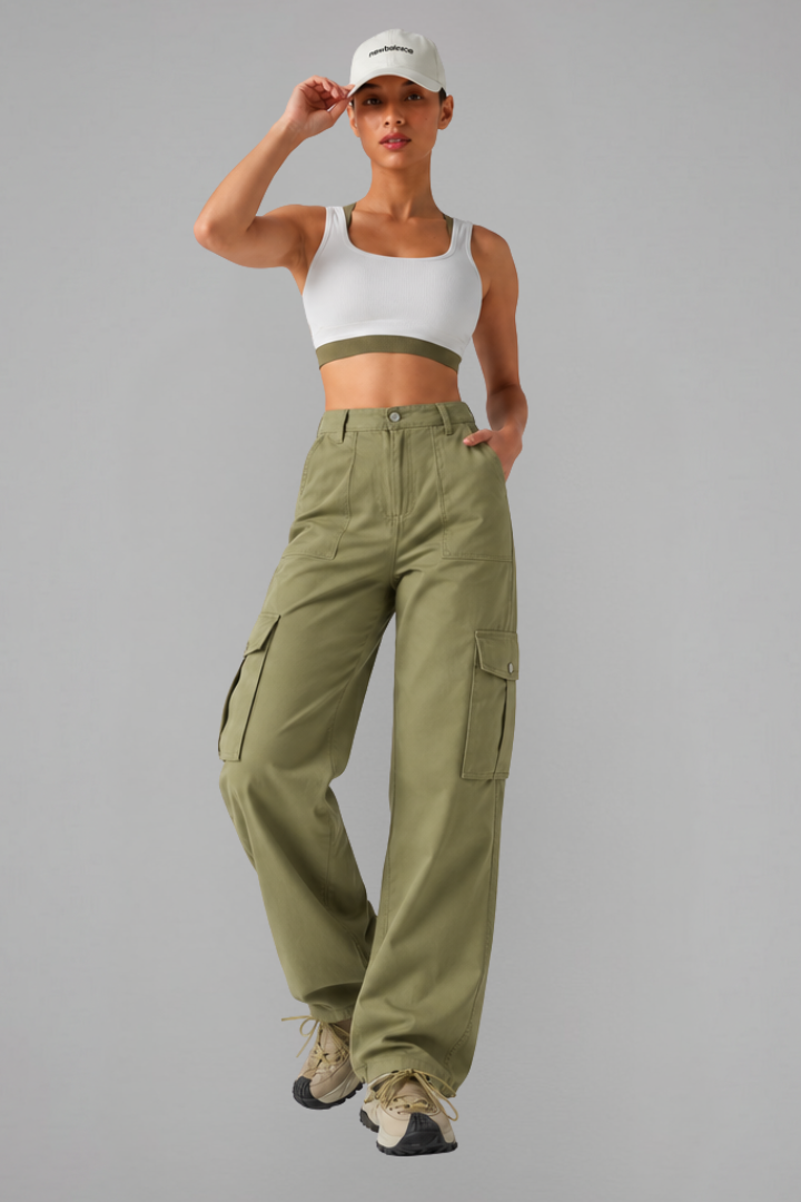 High Waisted Hiking Cargo Straight Leg Trousers with Pockets