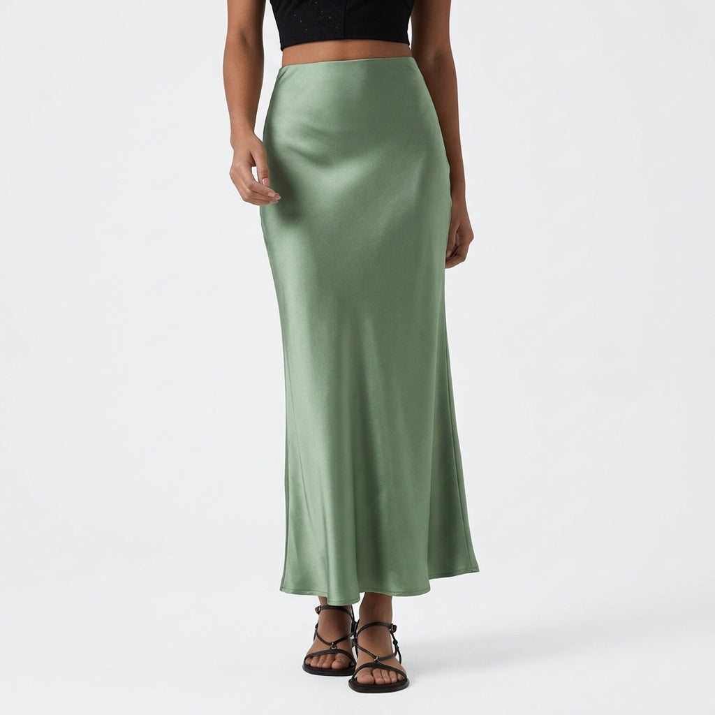High Waisted Ruched Stretchy Satin-Like InstantCool Maxi Casual Pencil Skirt