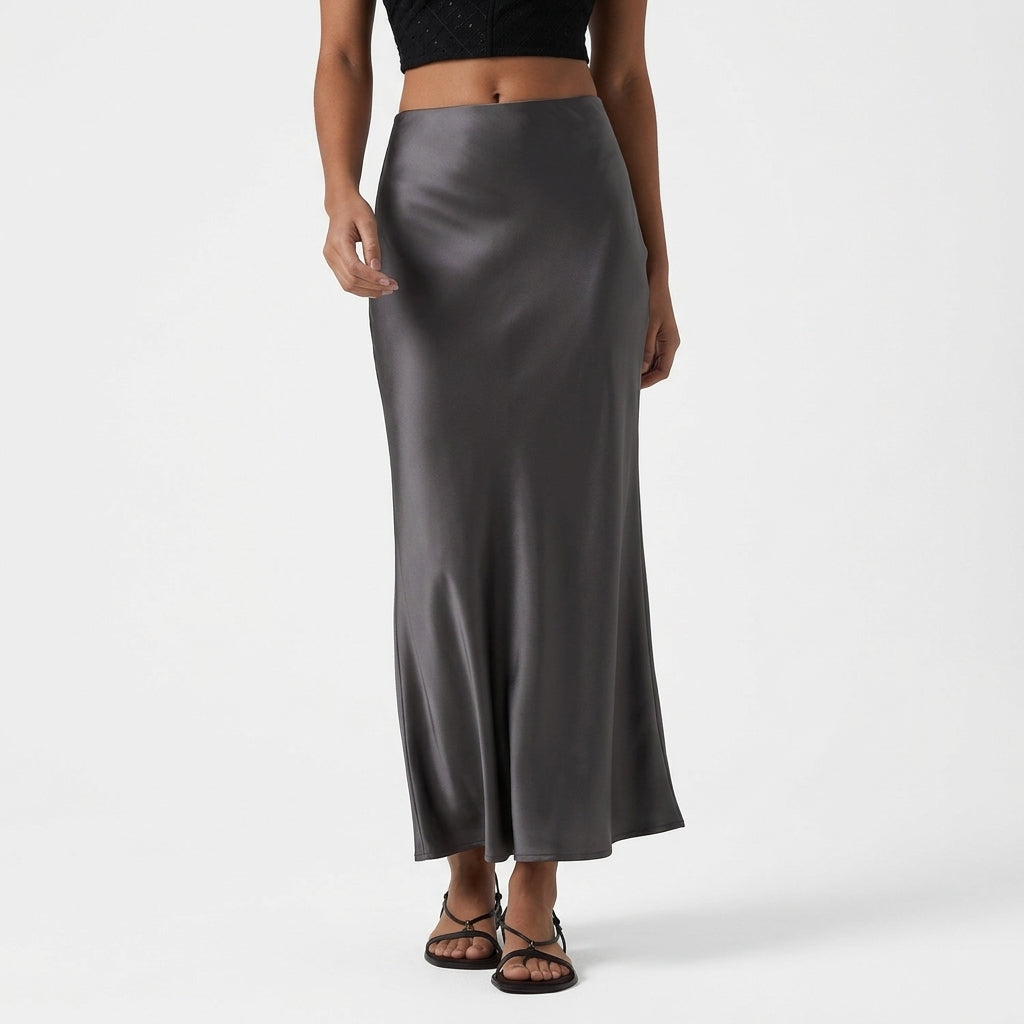 High Waisted Ruched Stretchy Satin-Like InstantCool Maxi Casual Pencil Skirt