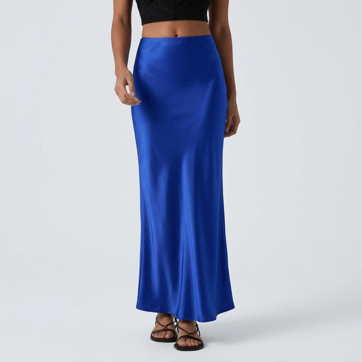 High Waisted Ruched Stretchy Satin-Like InstantCool Maxi Casual Pencil Skirt