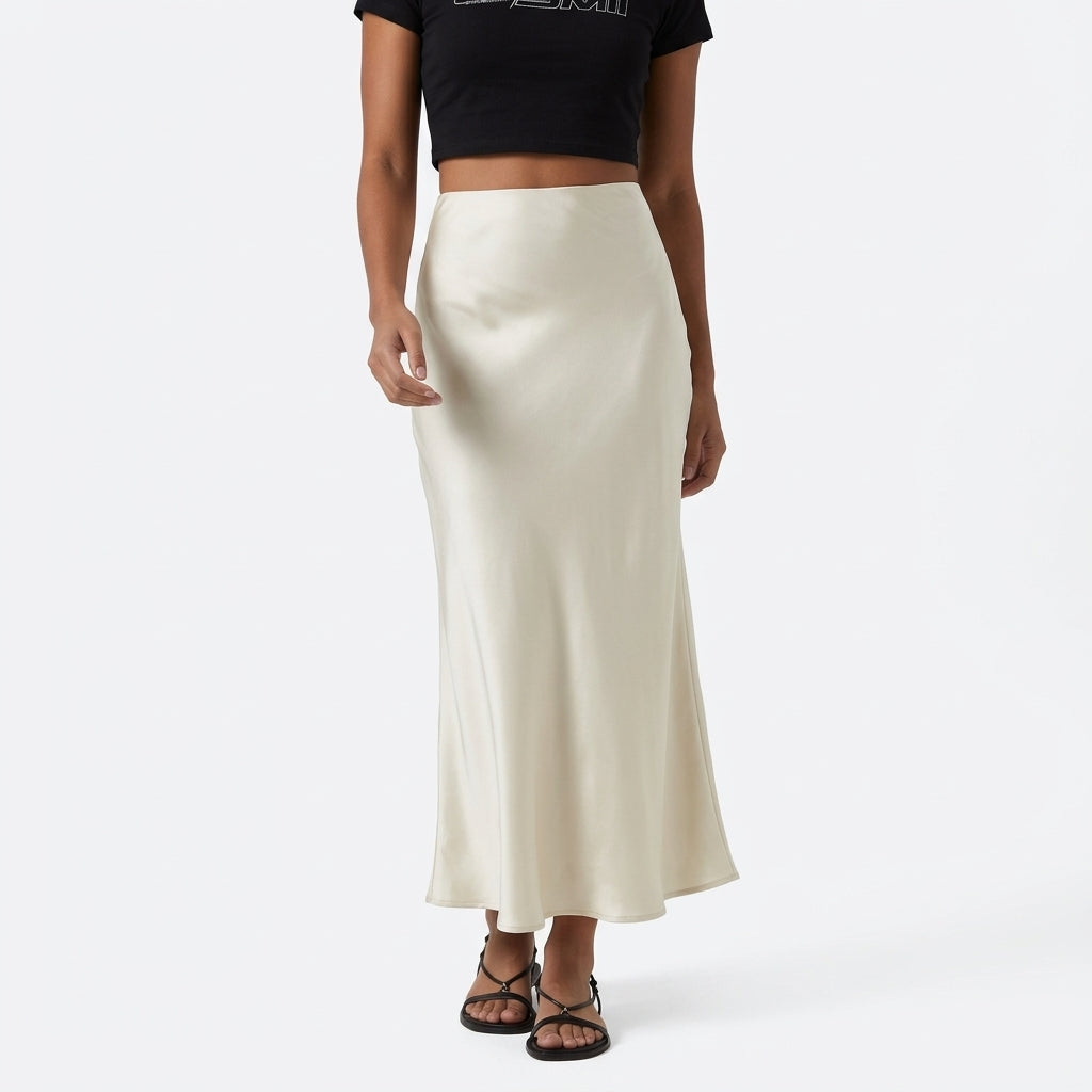 High Waisted Ruched Stretchy Satin-Like InstantCool Maxi Casual Pencil Skirt