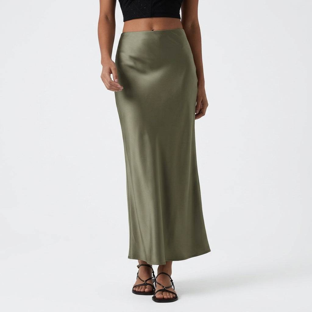High Waisted Ruched Stretchy Satin-Like InstantCool Maxi Casual Pencil Skirt