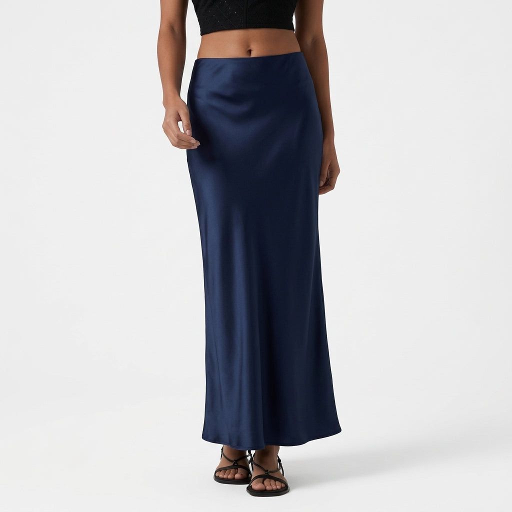 High Waisted Ruched Stretchy Satin-Like InstantCool Maxi Casual Pencil Skirt