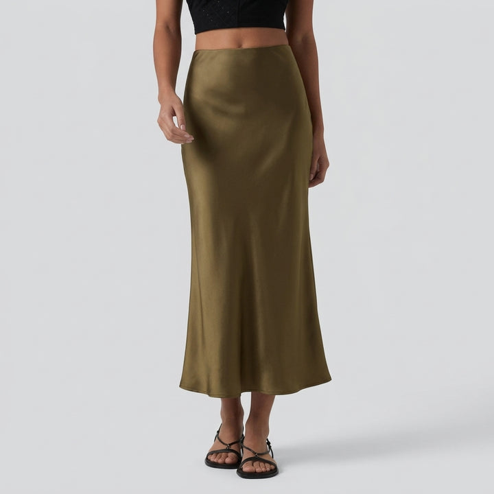 High Waisted Ruched Stretchy Satin-Like InstantCool Maxi Casual Pencil Skirt