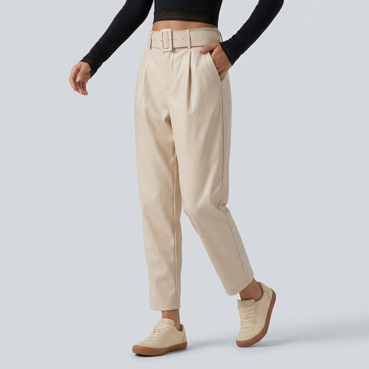 High Waisted Tapered Stretchy PU Fleece Casual Trousers with Pockets