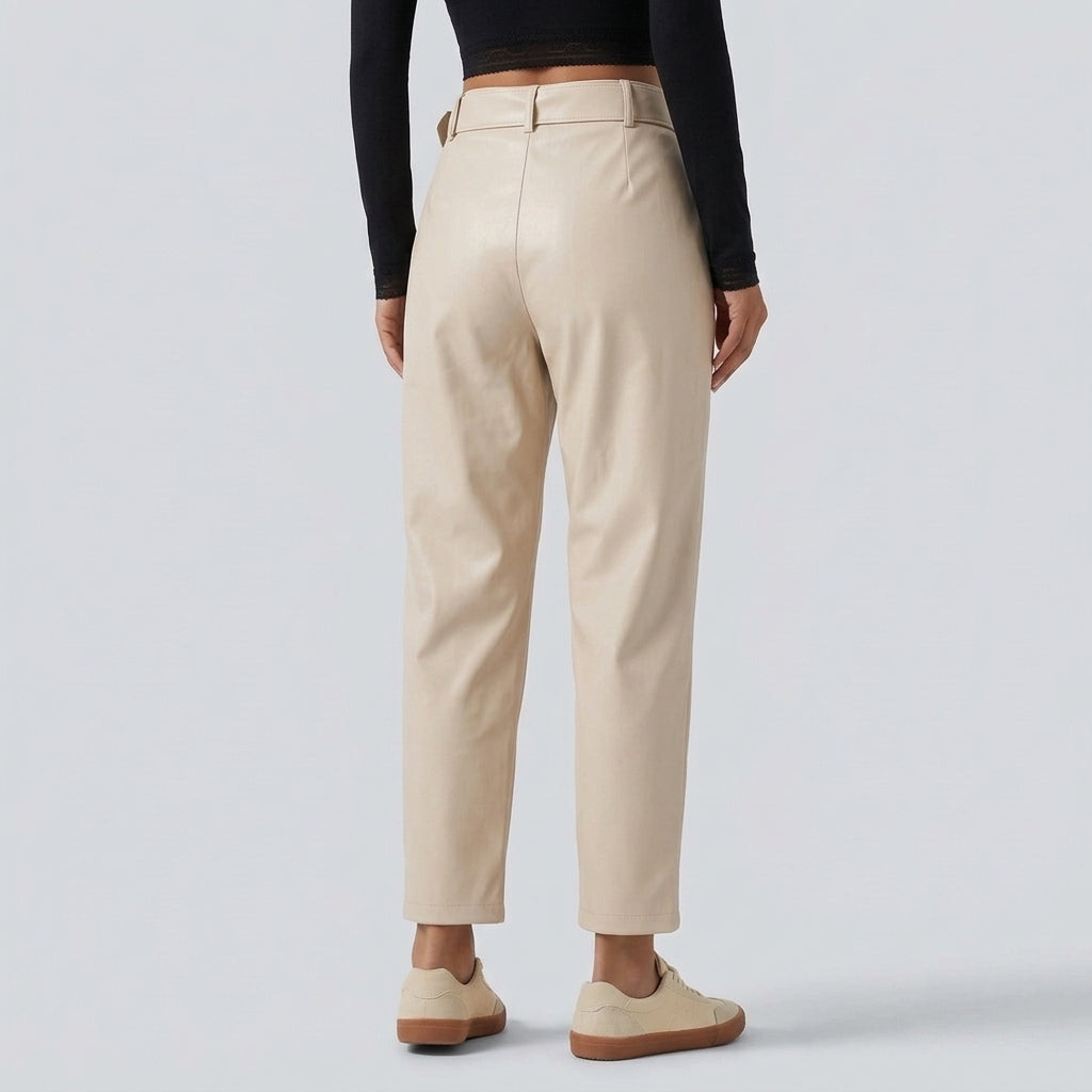High Waisted Tapered Stretchy PU Fleece Casual Trousers with Pockets