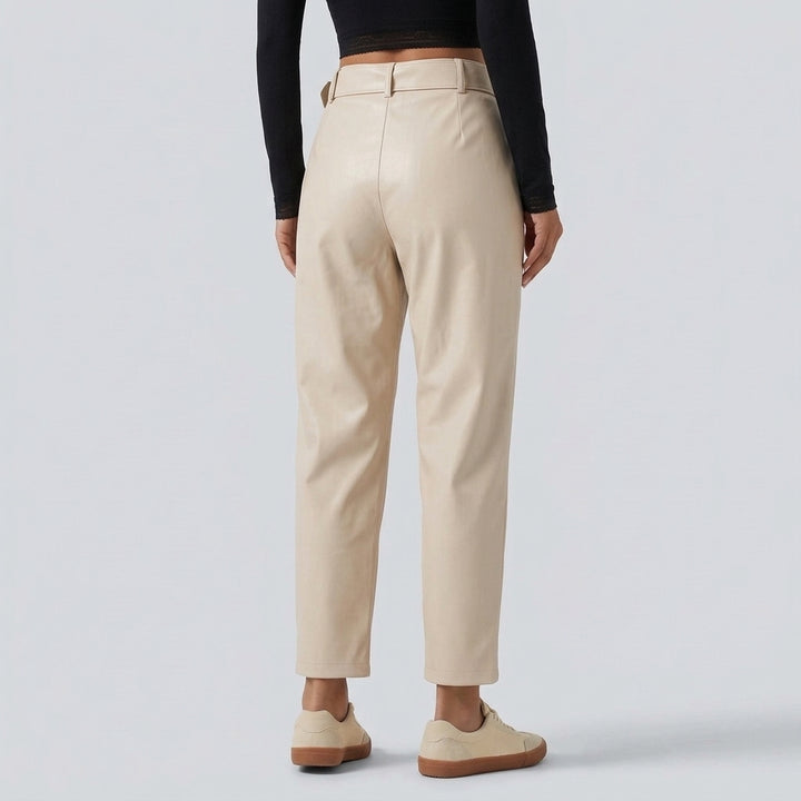 High Waisted Tapered Stretchy PU Fleece Casual Trousers with Pockets
