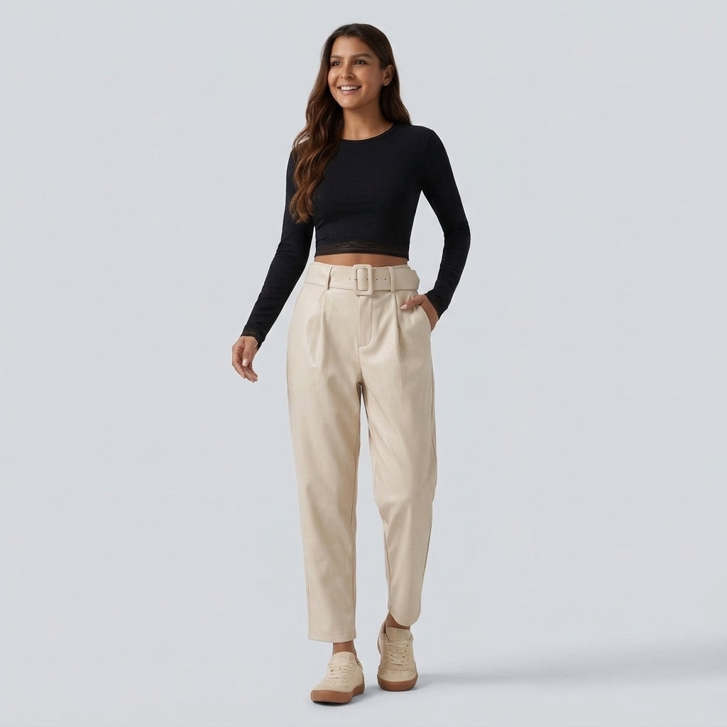 High Waisted Tapered Stretchy PU Fleece Casual Trousers with Pockets