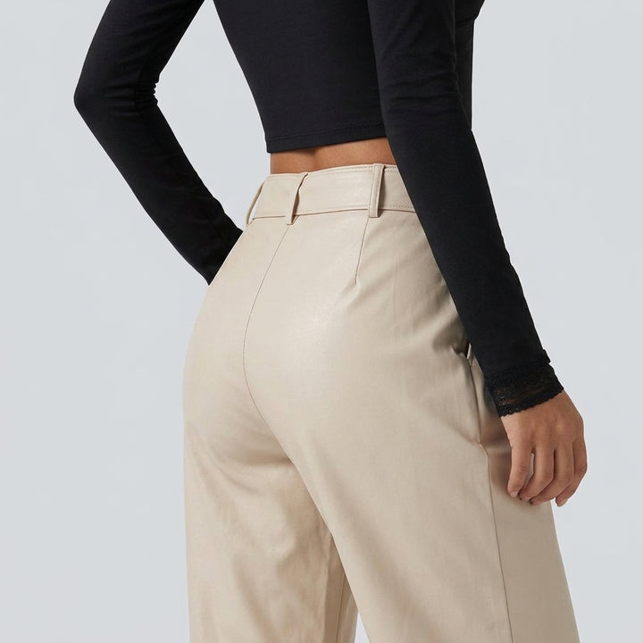 High Waisted Tapered Stretchy PU Fleece Casual Trousers with Pockets