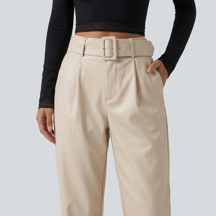 High Waisted Tapered Stretchy PU Fleece Casual Trousers with Pockets