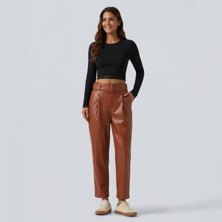High Waisted Tapered Stretchy PU Fleece Casual Trousers with Pockets
