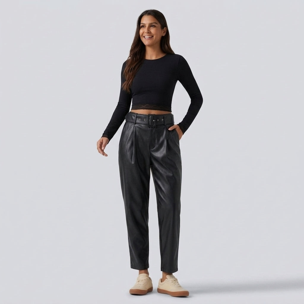 High Waisted Tapered Stretchy PU Fleece Casual Trousers with Pockets